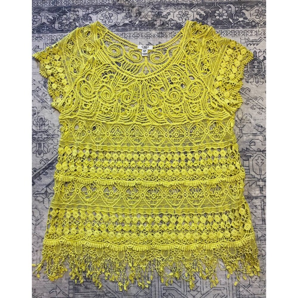 Cato‎ Woman Yellow Crochet Lace Top 22/24W 100% Cotton Short Sleeve Boho Style